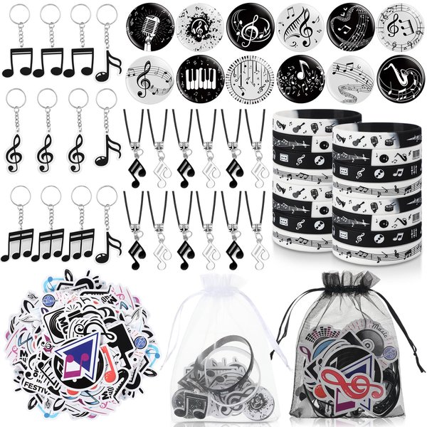 Seajan 110 Pcs Music Party Favors Include Music Notes Silicone Bracelets Musical Note Necklaces Keychains Stickers Badges Organza Gift Bag Fillers for Music Themed Birthday Party Supplies Decorations