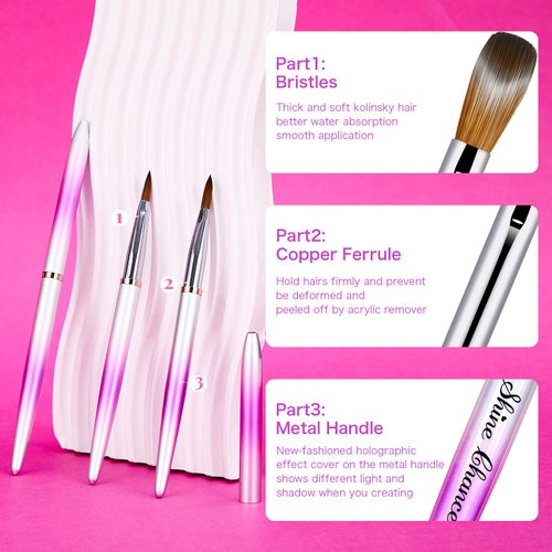 Shine Chance 4Pcs Acrylic Nail Brushes Set, Kolinsky Acrylic Nail Art Brush, Art Design & Polish Mistake Cleaning Manicure Tools for Women Acrylic Application (Size 6 8 12 14)