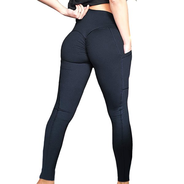 FITTOO Womens Scrunch Butt Lifting Yoga Pants Sport Workout Ruched Leggings High Waist Tight Side Pocket Black(S)