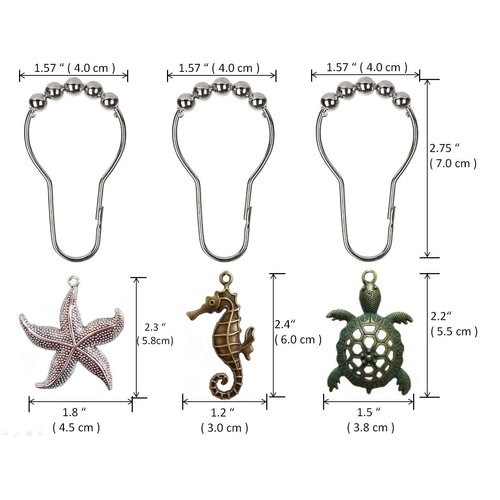 Molika Shower Curtain Hooks Rings - Rustproof Metal Curtain Hangers，Starfish Seahorse Turtle Decorative Bath Room Animal Accessories Set - Creative Ocean Cartoon Theme Bathroom Decor, 12PCS