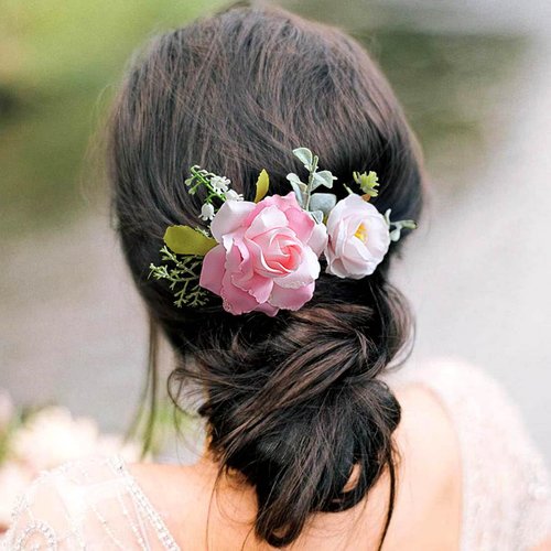 Fangsen Wedding Boho White Sequin Rose Flower Hair Clips Floral Hair Accessories for Brides and Bridesmaids Black (Pink)
