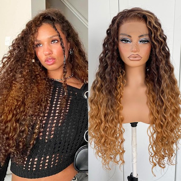 MITIMES 13x6 Curly Wig Ombre HD Lace Front Wig Pre-Plucked Honey Blonde Glueless Synthetic Wear And Go Kinky Long Curly Wig