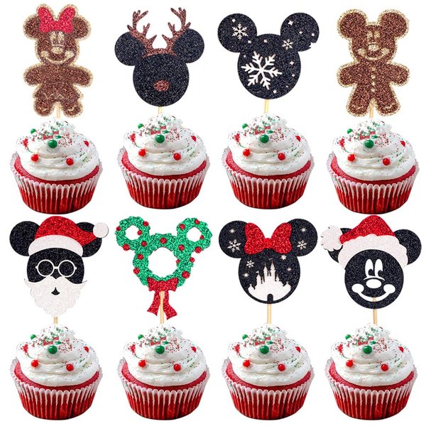 Wolpark 24Pcs Glitter Mouse Christmas Cupcake Toppers Gingerbread Cupcake Picks Santa Hat Elk Cake Decorations for Christmas Birthday Baby Shower New Year Xmas Party Supplies