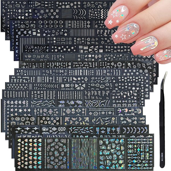 90 Sheets Silver Nail Art Stickers Holographic Laser Silver Nail Decals 3D Self Adhesive Nail Stickers for Nail Art Designs Star Line Flower Nail Supplies for Women Nail Decoration with Nail Tweezer