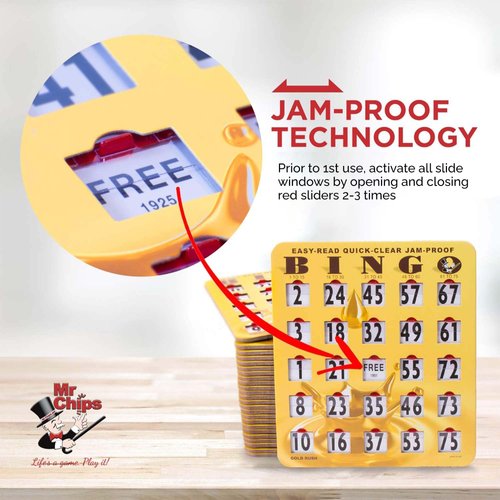 MR CHIPS Jam-Proof Easy-Read Quick-Clear Large Print Fingertip Slide Bingo Cards with Sliding Windows - 10 Pack in Gold Rush Style