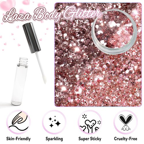 Laza 2 Jars Body Glitter for Valentine’s Day Hair Accessories Iridescent Chunky Sequins with Glitter Glue for Women Makeup Face Paint Festival Rave Outfits Party Costumes - Blooming Rose