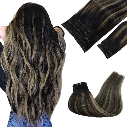 GOO GOO Clip in Hair Extensions Real Human Hair, 16inch 150g 9Pcs, 1B/16/1B Balayage Natural Black to Light Blonde, Remy Human Hair Extensions Clip ins for Women, Natural Human Hair