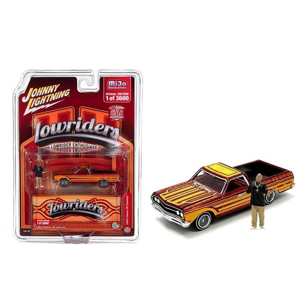 1965 Chevy El Camino Lowrider Red Metallic with Orange Graphics and Red Interior and Diecast Figure Limited Edition to 3600 Pieces Worldwide 1/64 Diecast Model Car by Johnny Lightning JLCP7460