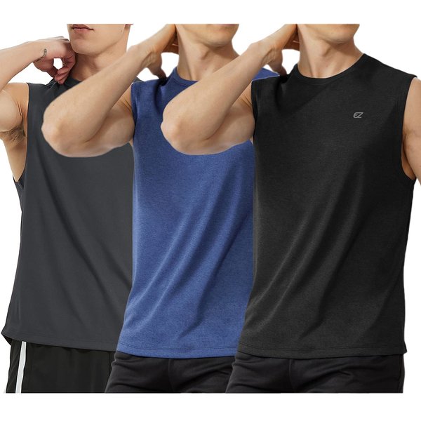 EZRUN Men's Workout Sleeveless Shirts Quick Dry Muscle Swim Shirt Gym Fitness Running Beach Tank Tops(BlackGreyBlue,XXXL)