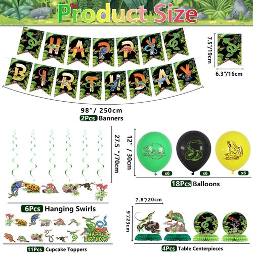 Reptile Party Decorations - Including Reptile Theme Balloons, Happy Birthday Banner, Cake Topper, Hanging Swirl, and Honeycomb Centerpieces for Safari Lizard Swamp Reptile Birthday Party Supplies
