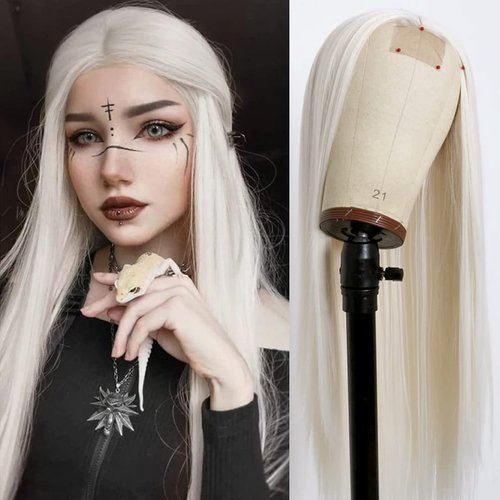EVLYNN Platinum Blonde Synthetic Lace Front Wigs Silky Straight Platinum White Heat Resistant Replacement Wigs Glueless Lace Wigs for Party Cosplay Daily Wear 24inch