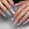 IMSOHOT Press on Nails Medium Almond Fake Nails Pink Blue Cute Glue on Nails with 3D Seashell Wave Texture Designs Full Cover Y2K Glossy Acrylic French False Nails Tips for Women and Girls 24Pcs