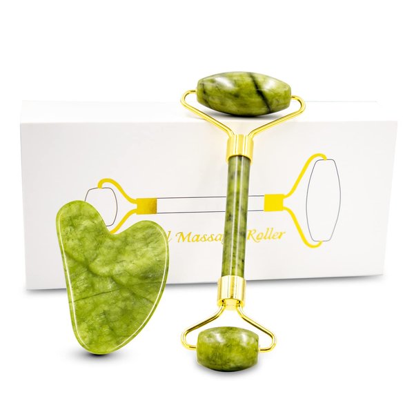 Jade Roller Gua Sha Scarping Tool, Natural Jade Face Beauty Roller Skin Care Tools, Jade Roller Set for Face Eye Neck Body Massage