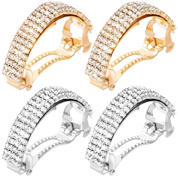 HINZIC 4 Pcs Rhinestone Hair Clips 2inch Silver Gold Bling Crystal Spring Barrettes Fancy Sparkle Wedding Prom Engagement Bridal Accessories for Women Girls Bride Long Thick Hair
