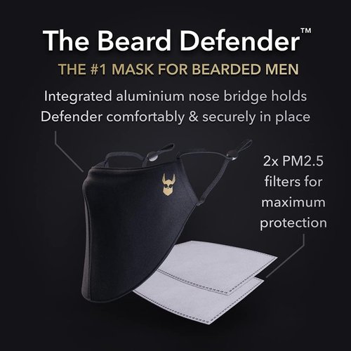 The Beard Defender Face Mask by Beard Struggle - Adjustable Beard Mask for Men with 2 Disposable Filters & Ear Saver - Beard Covers for Men (Black)