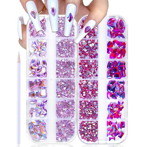 WOKOTO 2 Box Flat Back Pink And Rose AB Nail Rhinestones For Nails Face Rhinestones For Crafts Big Nail Crystal Rhinestones For Acrylic Nails Nail Diamonds For Nails Stones Crystals For Nails
