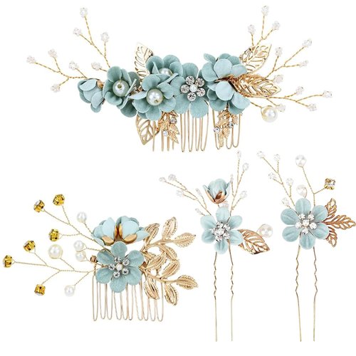 4Pcs Bridal Headpieces Hair Combs, Handmade Hair Comb Set Flower Pearl Hair Barrettes, Crystal Floral Leaf Hair Clip Hair Accessories for Women Girls Bride Bridesmaid (Type A)