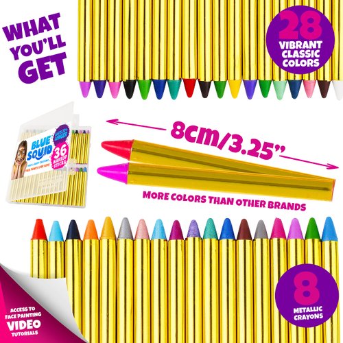 Face Paint Crayons for Kids, Blue Squid 36pcs XL Face & Body Painting Makeup Crayons, Safe for Sensitive Skin, Metallic & Classic Colors, Birthdays & Halloween Makeup Sticks