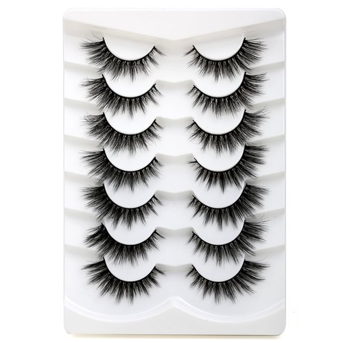 SY SHUYING False Eyelashes 15mm Faux Mink Lashes with Superfine Band Natural Look Fluffy Cat Eye Strip Lashes Soft Wispy Luxury Volume Fake Eyelash 7 Pairs Pack