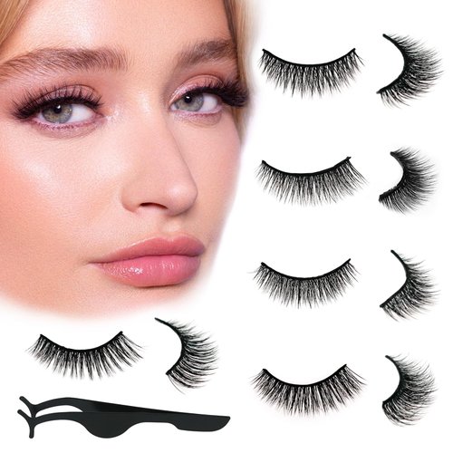5 Pairs Pack Self Adhesive Eyelashes False Lashes Natural Look Lash Extensions Reuseable Waterproof Wispy Fluffy Lashes Self Adhesive Lashes with Tweezer, Short Eyelashes