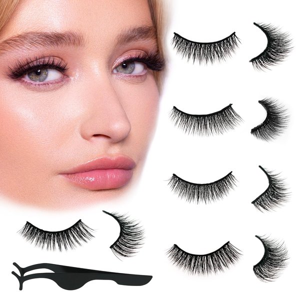 5 Pairs Pack Self Adhesive Eyelashes False Lashes Natural Look Lash Extensions Reuseable Waterproof Wispy Fluffy Lashes Self Adhesive Lashes with Tweezer, Short Eyelashes