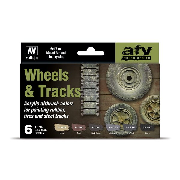 Vallejo Acrylicos Wheels & Tracks, Model Air Paint Set, 1/2 Fl. Oz. Bottles, 6 Colors, 0.57 Fl Oz (Pack of 6), Black