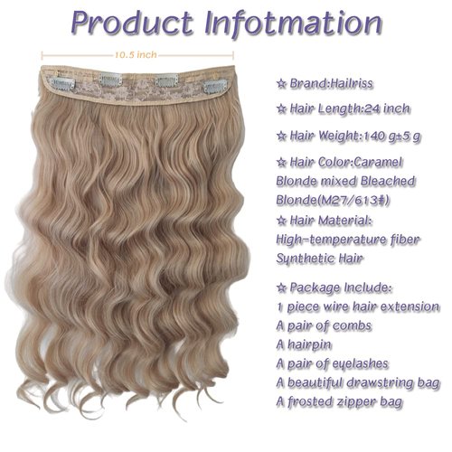 Invisible Wire Hair Extensions with Transparent Wire Adjustable Size 4 Secure Clips Long Wavy Secret Synthetic Hairpiece 24 inch Caramel Blonde mixed Bleached Blonde Synthetic Hair Extension