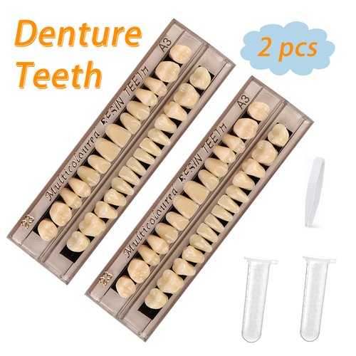 56 Pcs False Teeth Dental Complete Acrylic Resin Denture Teeth, 2 Set Whole Teeth Synthetic Polymer Denture Tooth, 23 Shade A3 Upper + Lower Dental Materials for Replacement, DIY, or Halloween