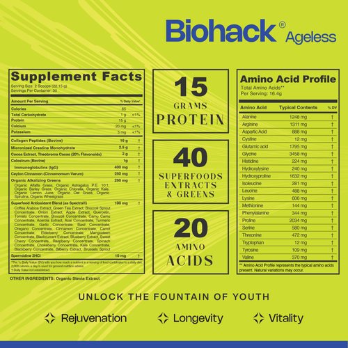 LevelUp Biohack Ageless: Colostrum Spermidine Collagen Superfoods Antioxidants Amino Acids Creatine for Women and Men, Total Body Rejuvenation (Dark Chocolate Cinnamon)