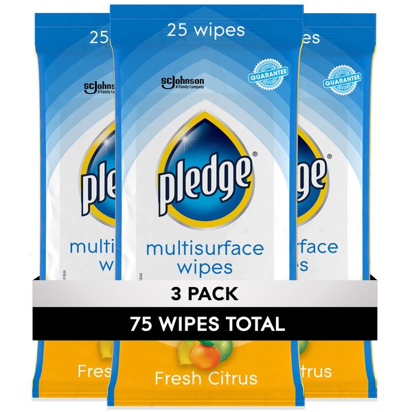 Pledge Everyday Clean Multisurface Wipes, Fresh Citrus, 25 Wipes, 3 ct