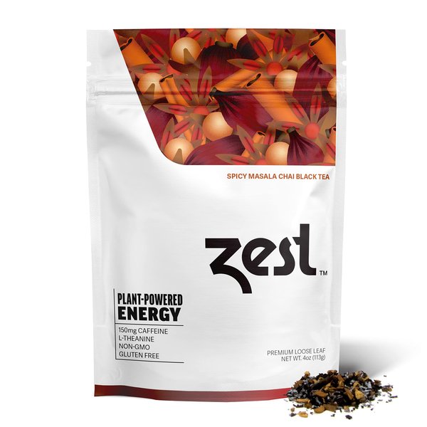 Zest 150mg High Caffeine Energy Loose Leaf Blend - Spicy Masala Chai Black Tea - 4 Oz - All Natural Strong Flavored Healthy Coffee Alternative Highly Caffeinated Substitute - Perfect for Keto Diet