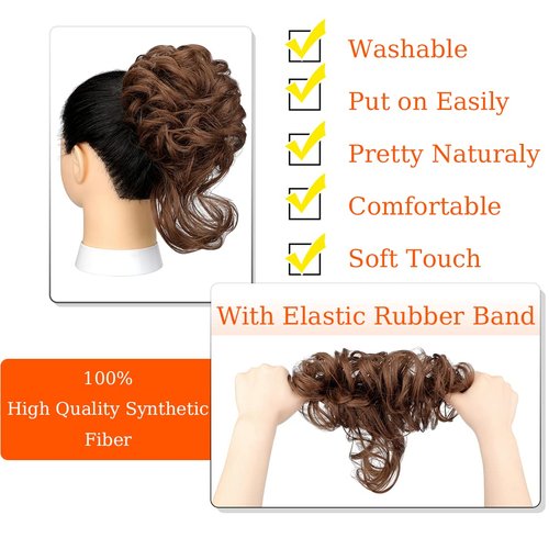Qunlinta Messy Bun Hair Piece, Long Wavy Tousled Updo Hair Bun Extensions Wavy Hair Wrap Ponytail Hairpieces Hair Scrunchies with Elastic Hair Band for Women Girls -Light Brown