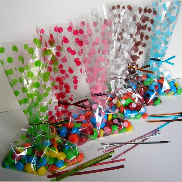 150pcs 5"x8""Polka Dot" Gift Cello Bag (6 Colors) + Twist Ties