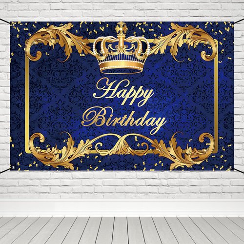 Renaiss 6x3.6ft Happy Birthday Banner Royal Blue Prince Birthday Party Decoration Gold Crown King Theme Birthday Party Supplies Royal Blue and Gold Boys Man Birthday Yard Sign Photography Background