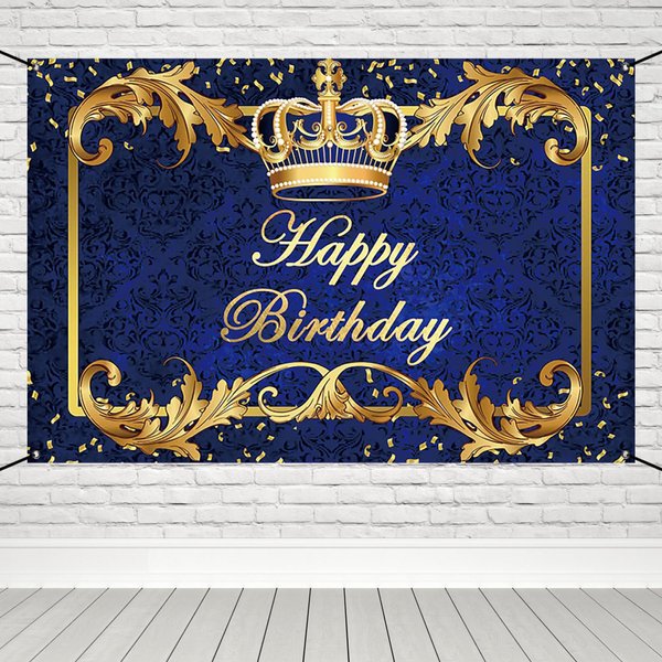 Renaiss 6x3.6ft Happy Birthday Banner Royal Blue Prince Birthday Party Decoration Gold Crown King Theme Birthday Party Supplies Royal Blue and Gold Boys Man Birthday Yard Sign Photography Background