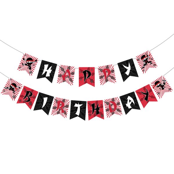 Fangleland Ninja Happy Birthday Banner for Boys Red Black Ninja Warrior Birthday Garland Anime Fans Theme Party Supplies