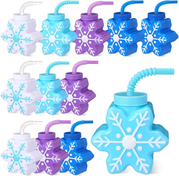 Sliner 12 Pcs Winter Snow Themed Party Favor Snowflake Cup with Straws10 Oz Plastic Snowflake Shape Cup for Winter Birthday Baby Shower Party Supplies(12 Pcs)