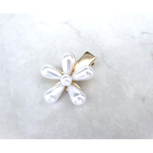 Gold metal white pearl flower alligator hair clip fine thin hair