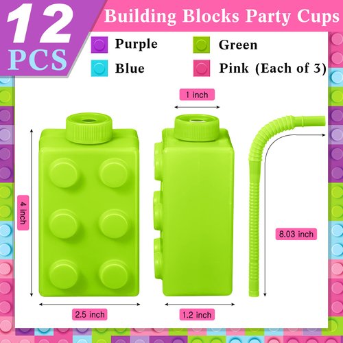 Mumufy Building Blocks Cups with Straw and Lids, 10 oz Reusable Kids Cup Brick Party Plastic Cups for Block Birthday Party Supplies Favors (12 Sets)