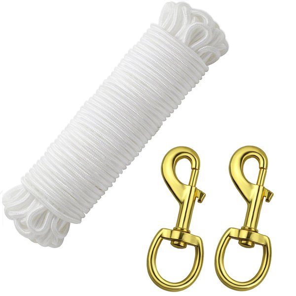 EKEV 1/4" Diameter 50 Ft Flag Pole Rope with 2 Pcs Swivel Snap Hooks - Flagpole Line Rope with Swivel Eye Bolt Clips Hardware Kit for Clothesline, Swing, Climbing, Camping