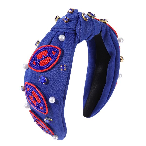 JERTOCLE Game Day Headbands for Women Beaded Football Knotted Headband Pearl Crystal Embellished Wide Headband Sports Fan Game Day Hair Accessories (Blue)