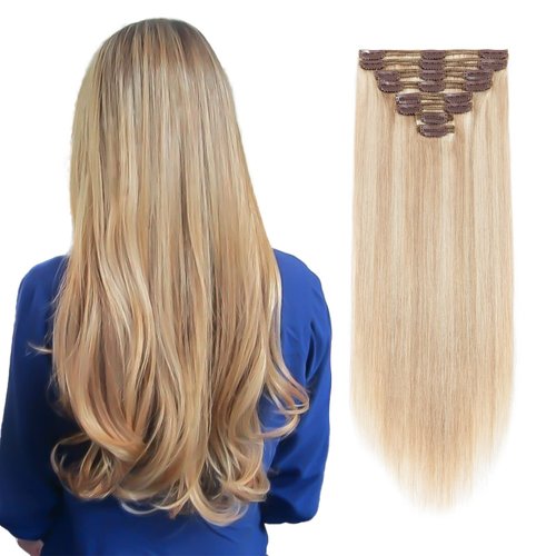 MY-LADY 16 inch 130g Double Weft Clip in Remy Human Hair Extensions Grade 7A Quality Full Head Thick Thickened Long Straight 8pcs 18clips for Women Fashion and Highlighted, 60 Platinum Blonde