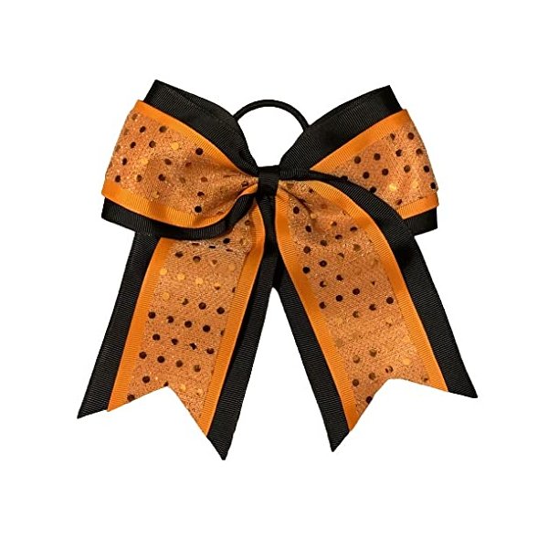 New "CONFETTI DOTS Black Orange" Cheer Bow Pony Tail 7 Inch Girls Hair Bows Cheerleading Dance Practice Football Games Competition Birthday Halloween Fall Festival Grosgrain Ribbon