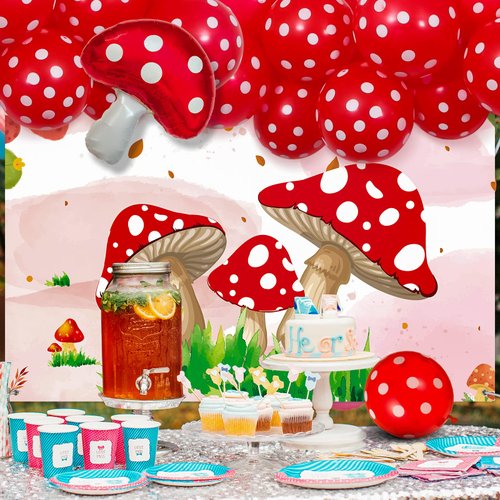 55 Pieces Mushroom Decorations, Include Mushroom Banner, Red and White Dot Garland Arch Kit, Mushroom Shape Foil Balloons, Mushroom Themed Party Supplies for Kids Girls