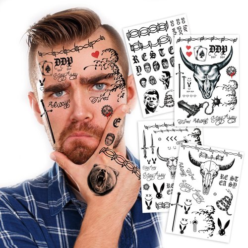 4 Sheets Cosplay POST-Y Rapper Temporary Tattoos – Face Tattoo Stickers for Men, Women and Kids – Hip-Hop Style Fake Tattoos for Cosplay, Halloween, and Parties