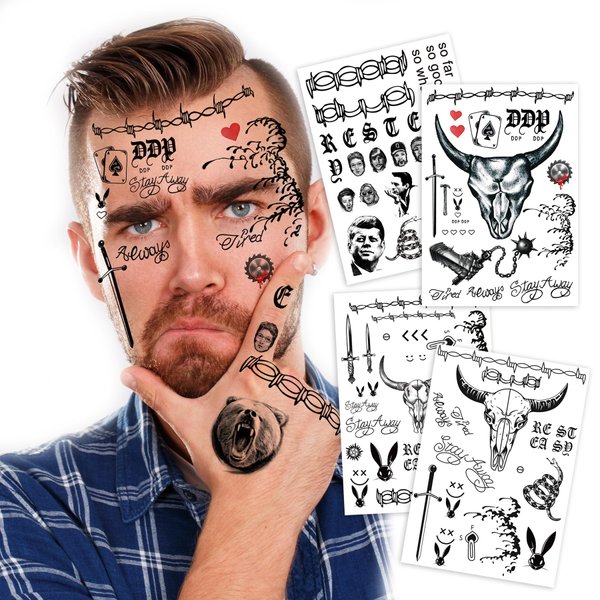 4 Sheets Cosplay POST-Y Rapper Temporary Tattoos – Face Tattoo Stickers for Men, Women and Kids – Hip-Hop Style Fake Tattoos for Cosplay, Halloween, and Parties