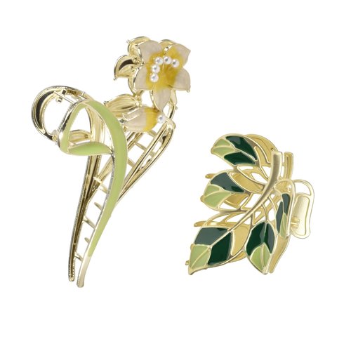 Yonchic 2-Piece Multiple Shapes Metal Hair Clips, Lily Hair Claws for Thin/Medium Thick Hair, Elegant Leaves Barrettes Strong Hold Hair Clamps Non Slip Cute Hair Catch Clip Accessories