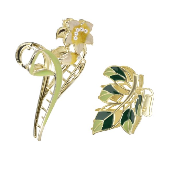 Yonchic 2-Piece Multiple Shapes Metal Hair Clips, Lily Hair Claws for Thin/Medium Thick Hair, Elegant Leaves Barrettes Strong Hold Hair Clamps Non Slip Cute Hair Catch Clip Accessories