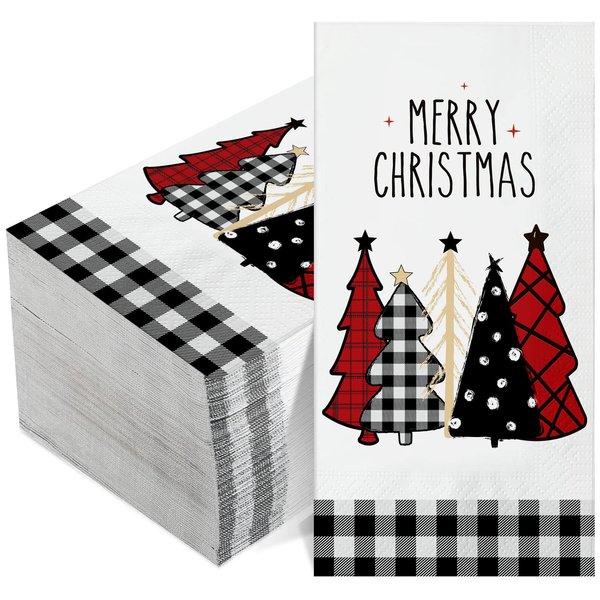 100 Pcs Christmas Napkins Bulk Holiday Disposable Paper Guest Hand Towel Christmas Tree Cocktail Napkins Merry Christmas Hand Napkins for Home Kitchen Winter Xmas Party (17.3 x 12.9 Inch Unfolded)