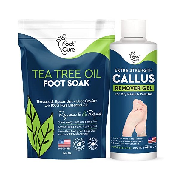 Tea Tree Foot Soak & Callus Remover Gel Kit - Extra Strength Callus Remover Gel & Foot Soak With Epsom Salts For Calluses, Dry Cracked Heels, Toenail - Pedicure for Tired Feet